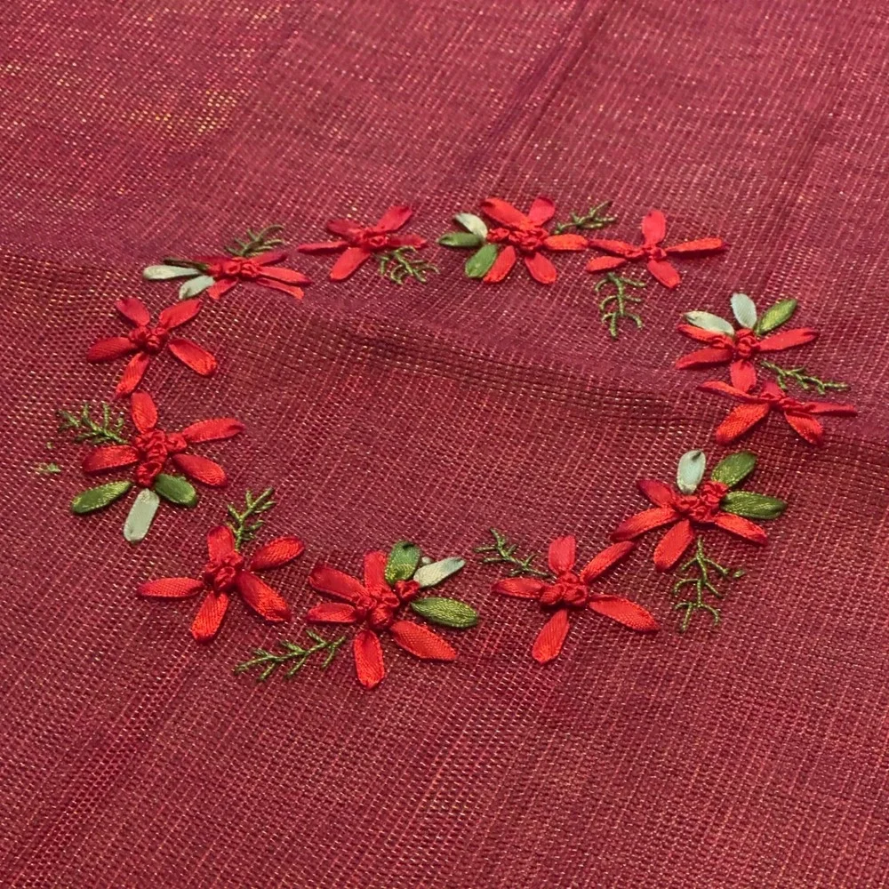 Red Christmas Tablecloth Ribbon Embroidery Mistletoe Poinsettia 53x69 Metallic